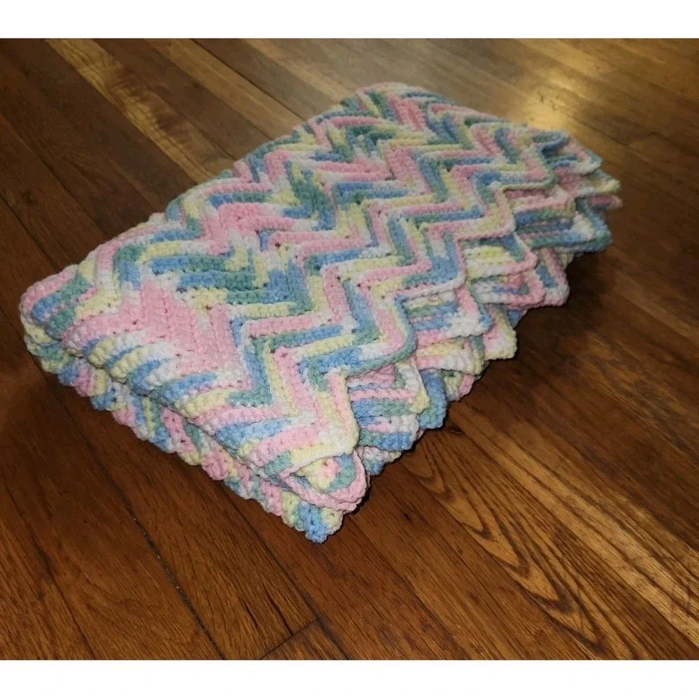 Handmade Crochet Pastel‎ Color Vintage Baby Blanket 45